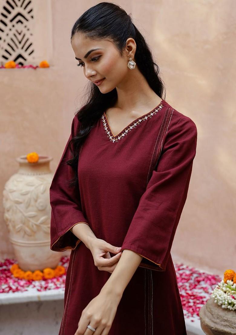 Burgundy Solid Blended Kurta Set - Indya