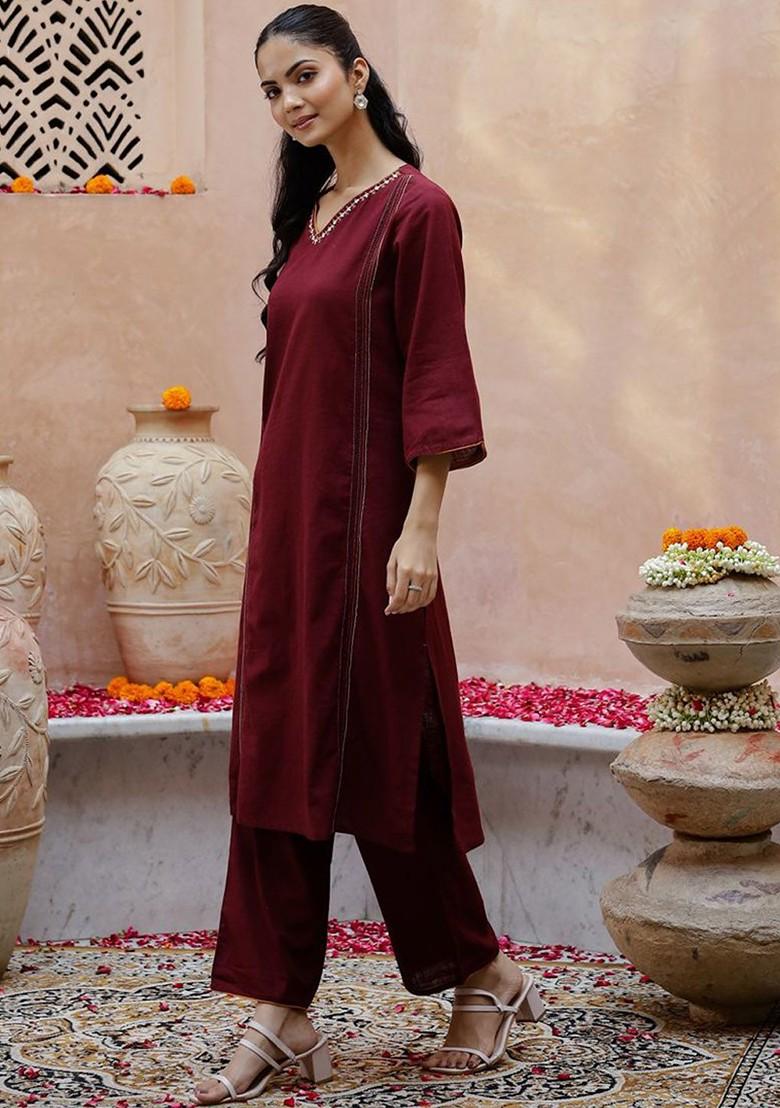Burgundy Solid Blended Kurta Set - Indya