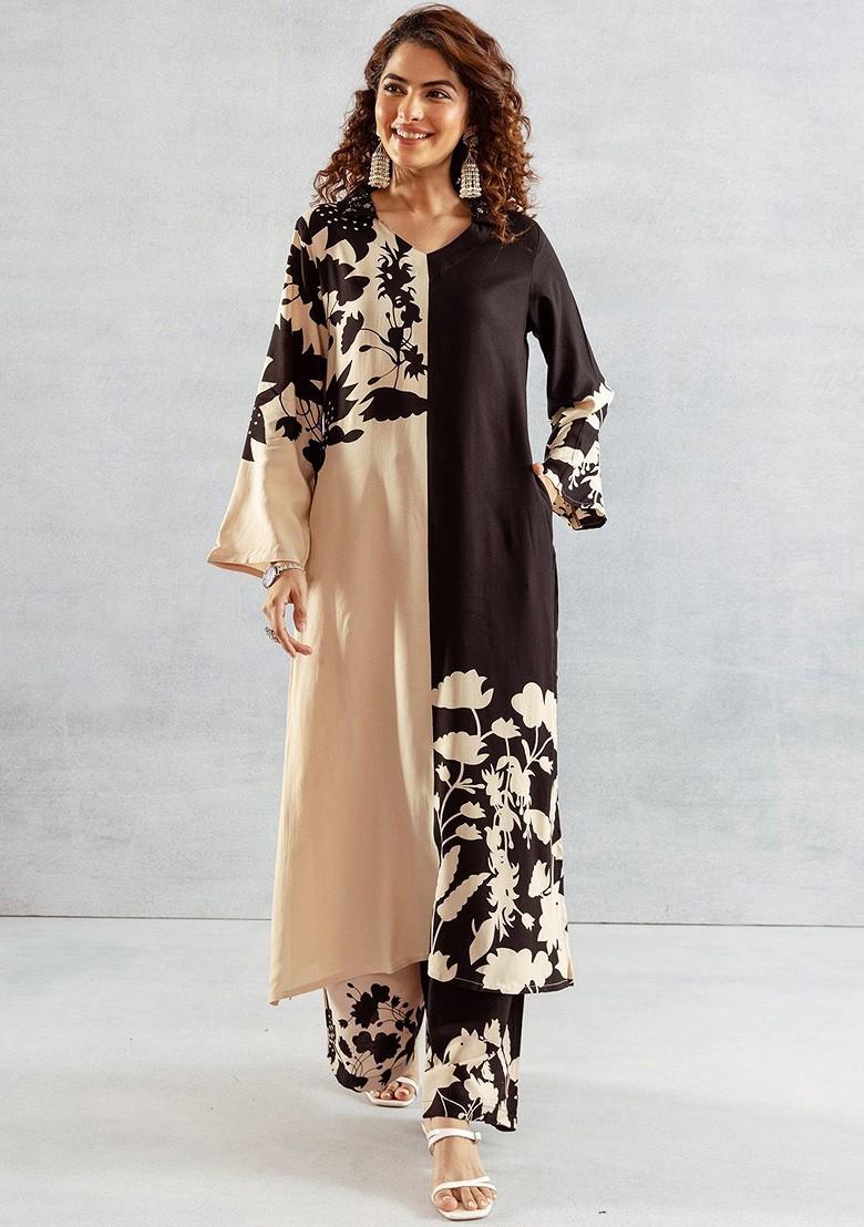 Beige Printed Blended Kurta Set - Indya