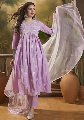 Mauve Embroidered Blended Kurta Set