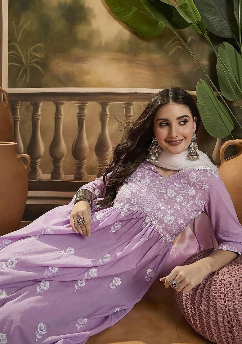 Mauve Embroidered Blended Kurta Set - Indya