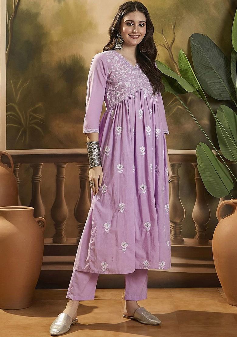 Mauve Embroidered Blended Kurta Set - Indya