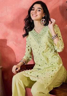 Green Mirror Work Blended Kurta Set