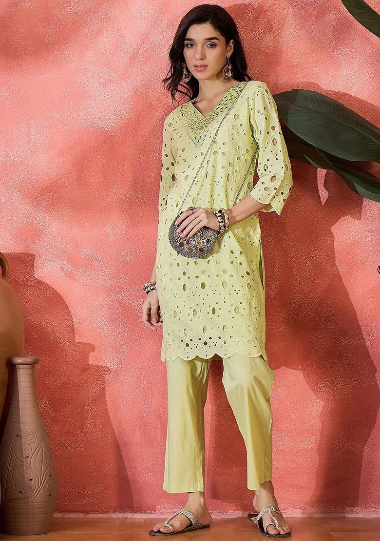 Green Mirror Work Blended Kurta Set - Indya