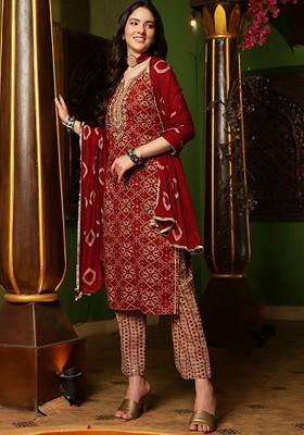 Maroon Embroidered Blended Kurta Set