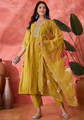 Mustard Embroidered Blended Kurta Set
