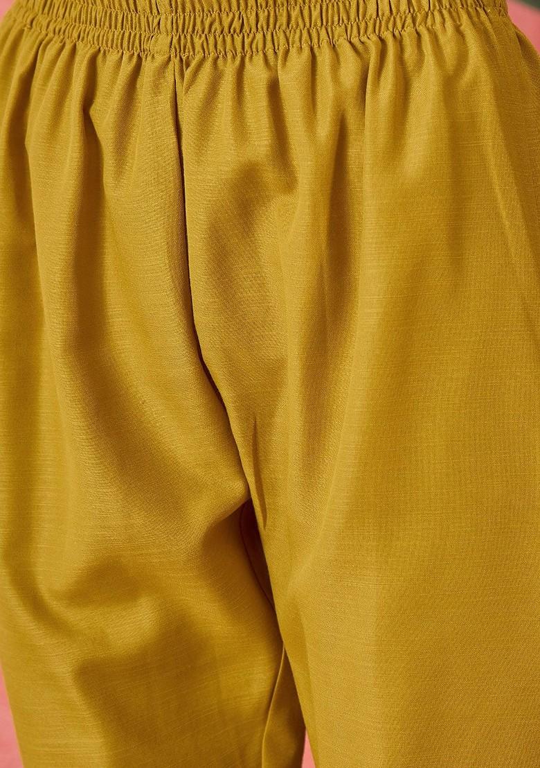 Mustard Embroidered Blended Kurta Set - Indya