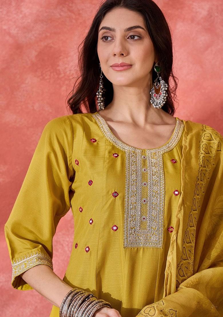 Mustard Embroidered Blended Kurta Set - Indya