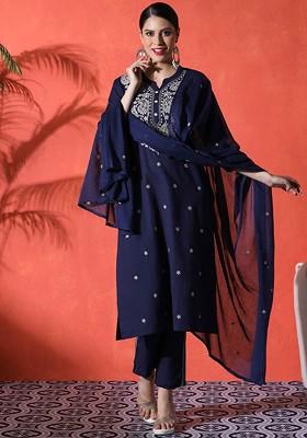 Navy Blue Embroidered Blended Kurta Set