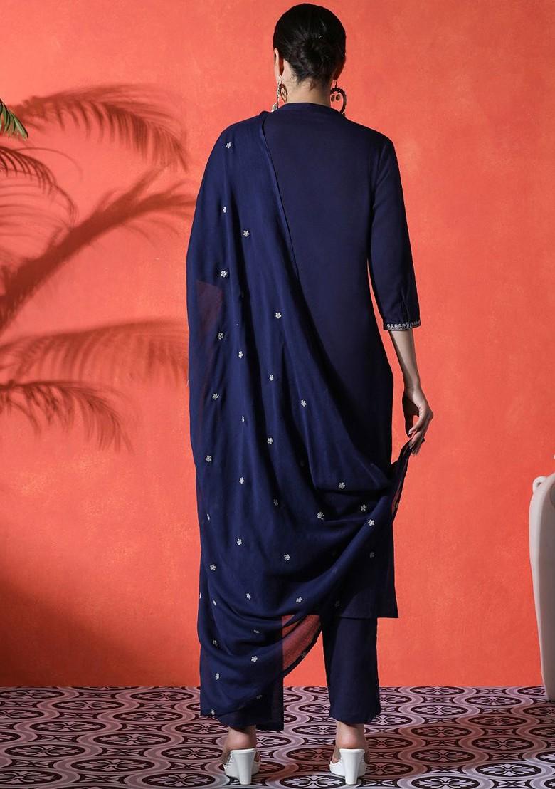 Navy Blue Embroidered Blended Kurta Set - Indya