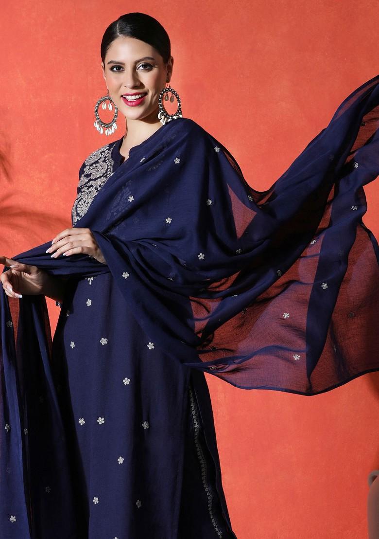 Navy Blue Embroidered Blended Kurta Set - Indya
