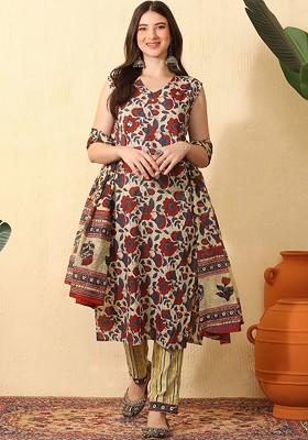 Cream Printed Blended Kurta Set