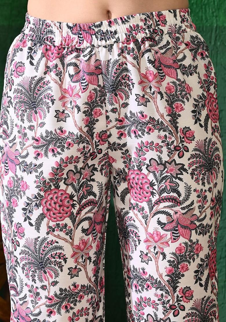 White Printed Blended Kurta Set - Indya