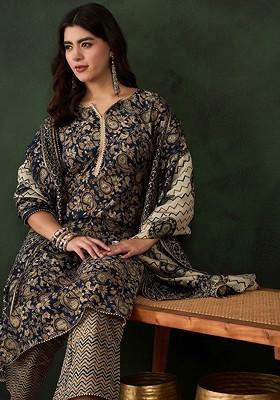 Navy Blue Printed Blended Kurta Set