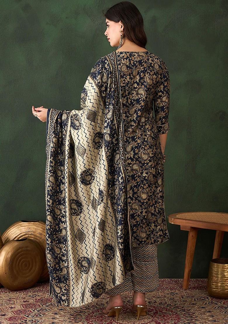 Navy Blue Printed Blended Kurta Set - Indya