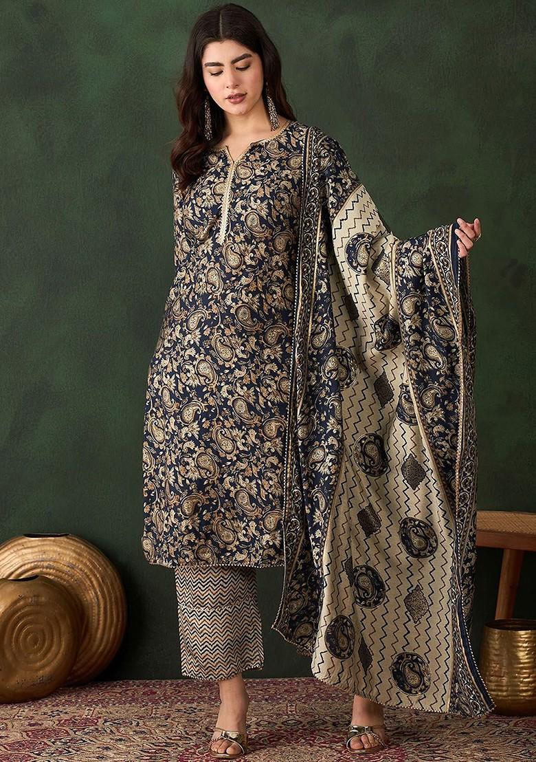 Navy Blue Printed Blended Kurta Set - Indya