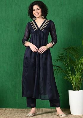 Navy Blue Embroidered Blended Kurta Set