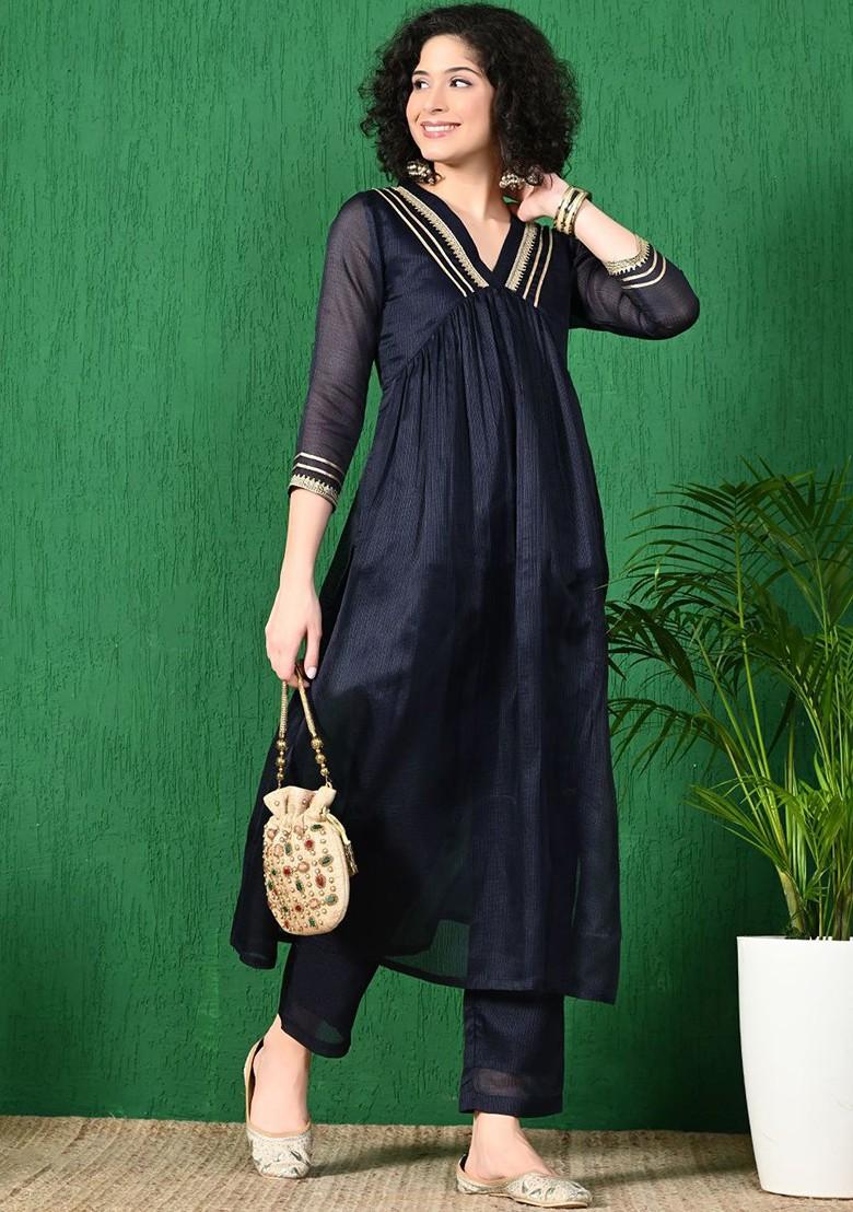 Navy Blue Embroidered Blended Kurta Set - Indya