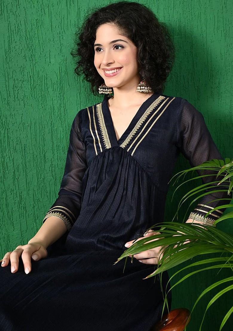 Navy Blue Embroidered Blended Kurta Set - Indya