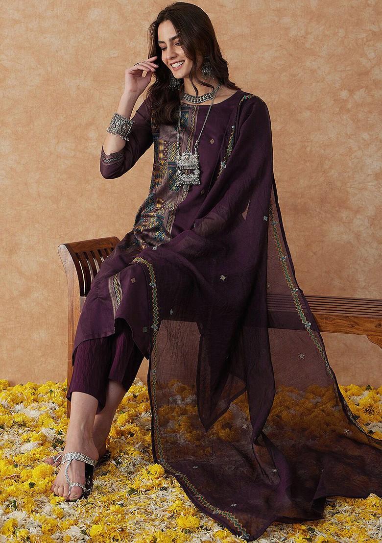 Purple Printed Blended Kurta Set - Indya