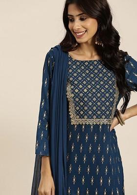 Navy Blue Printed Blended Kurta Set