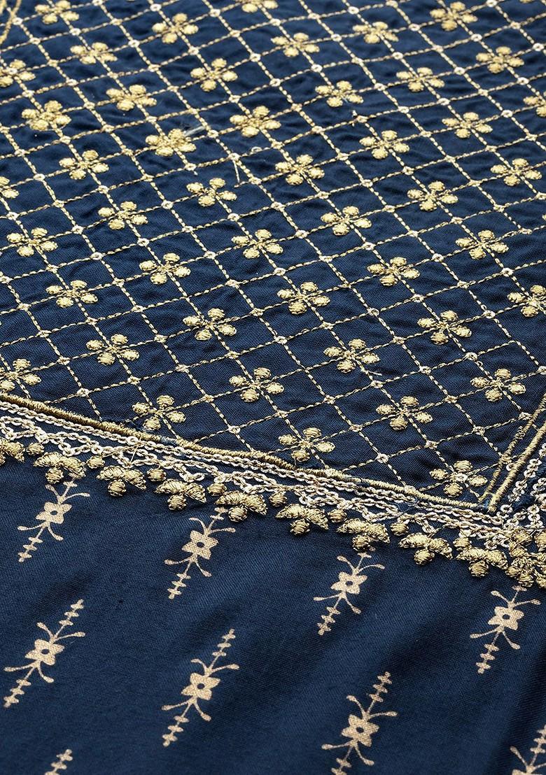 Navy Blue Printed Blended Kurta Set - Indya