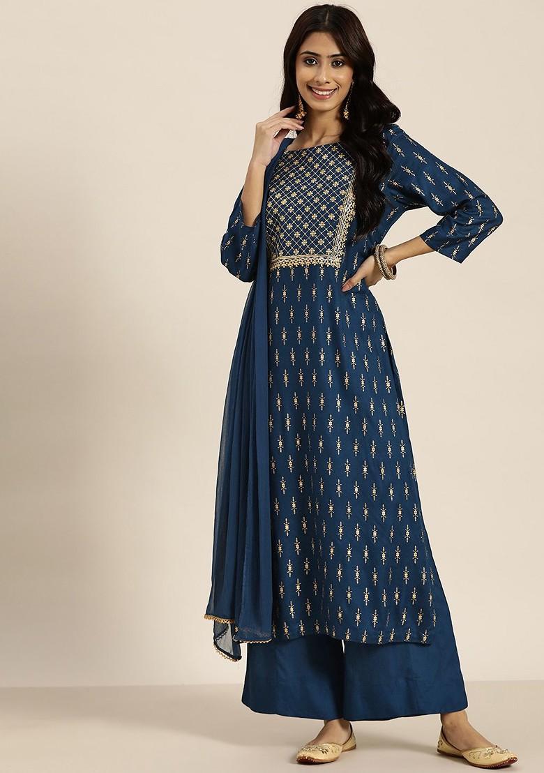 Navy Blue Printed Blended Kurta Set - Indya