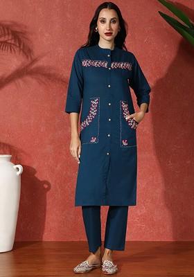 Navy Blue Embroidered Blended Kurta Set