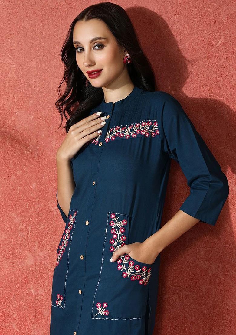 Navy Blue Embroidered Blended Kurta Set - Indya