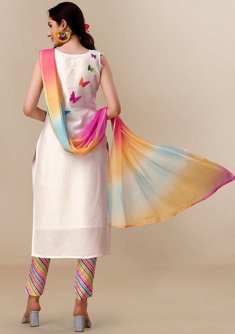 White Printed Blended Kurta Set - Indya