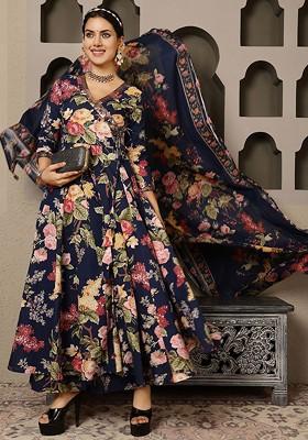 Navy Blue Printed Blended Kurta Set