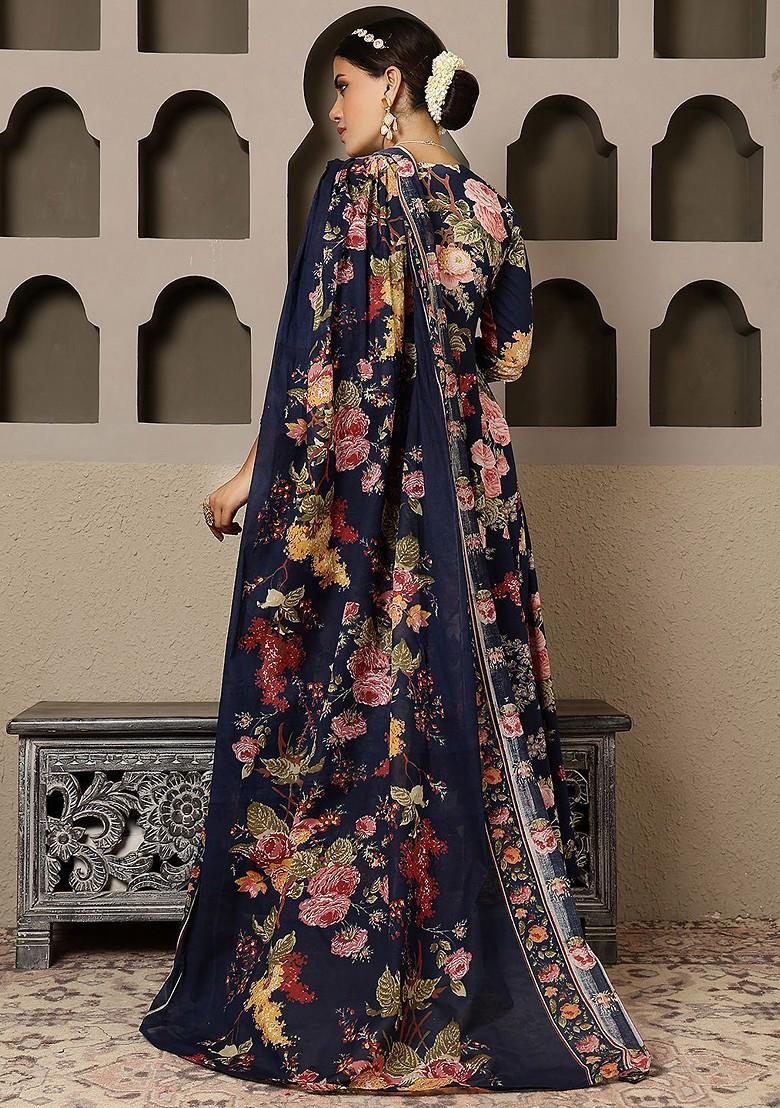 Navy Blue Printed Blended Kurta Set - Indya