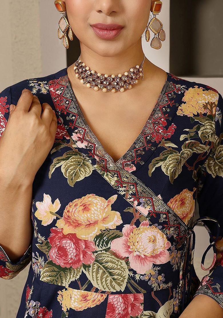 Navy Blue Printed Blended Kurta Set - Indya