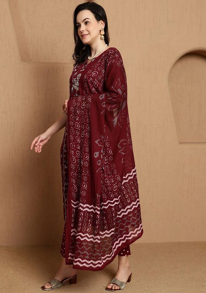 Magenta Printed Blended Kurta Set - Indya