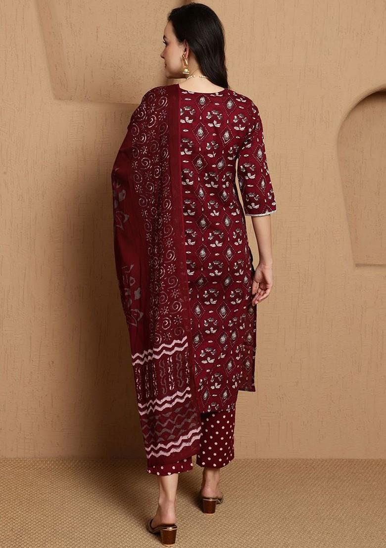 Magenta Printed Blended Kurta Set - Indya