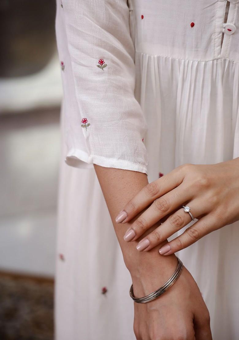 Off White Embroidered Blended Kurta Set