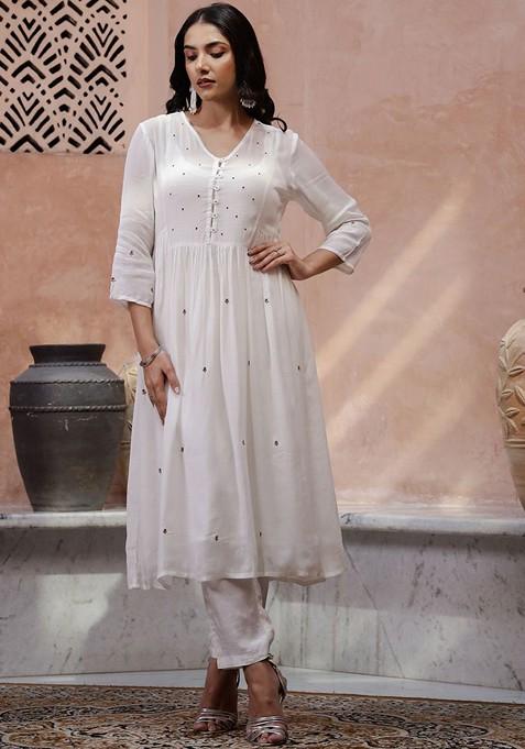 Off White Embroidered Blended Kurta Set