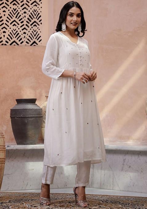 Off White Embroidered Blended Kurta Set