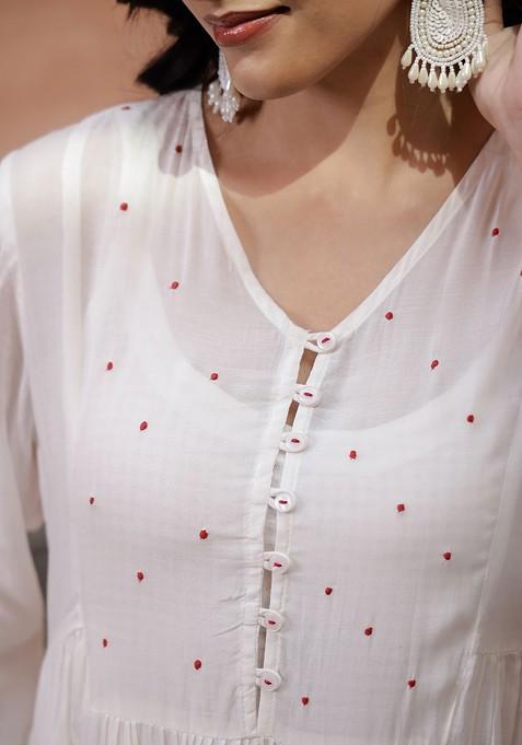 Off White Embroidered Blended Kurta Set