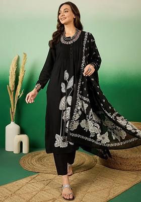 Black Printed Blended Kurta Set