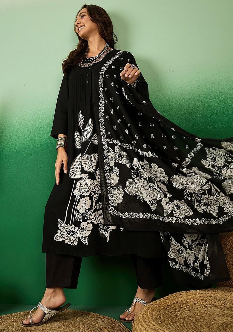 Black Printed Blended Kurta Set - Indya