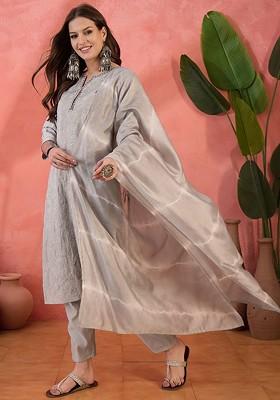 Grey Embroidered Blended Kurta Set