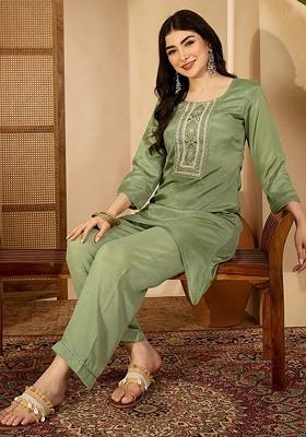 Olive Embroidered Blended Kurta Set
