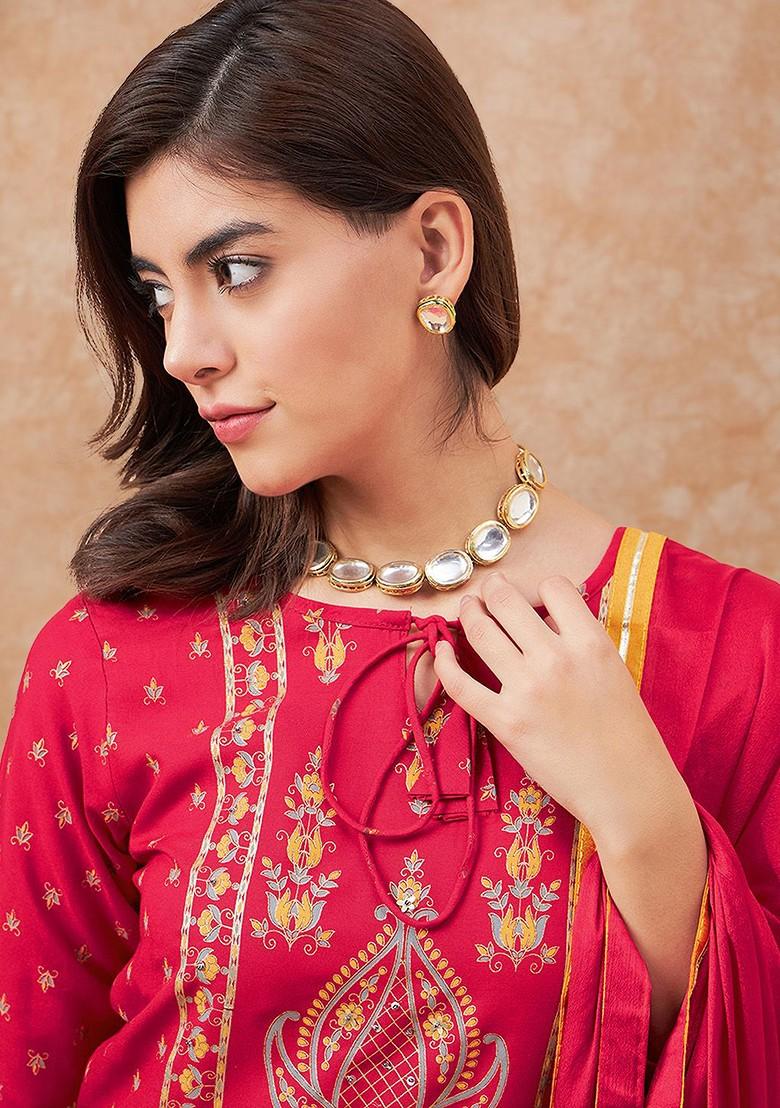 Red Printed Blended Kurta Set - Indya