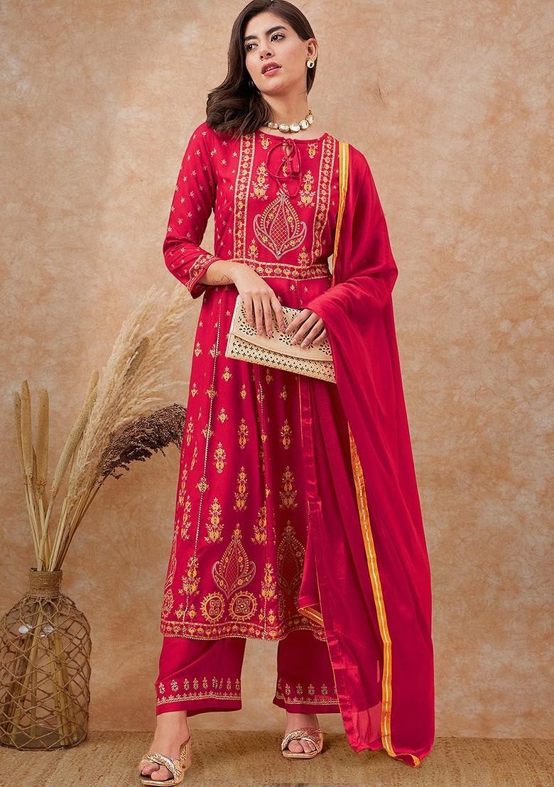 Red Printed Blended Kurta Set - Indya