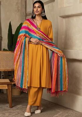Mustard Solid Blended Kurta Set