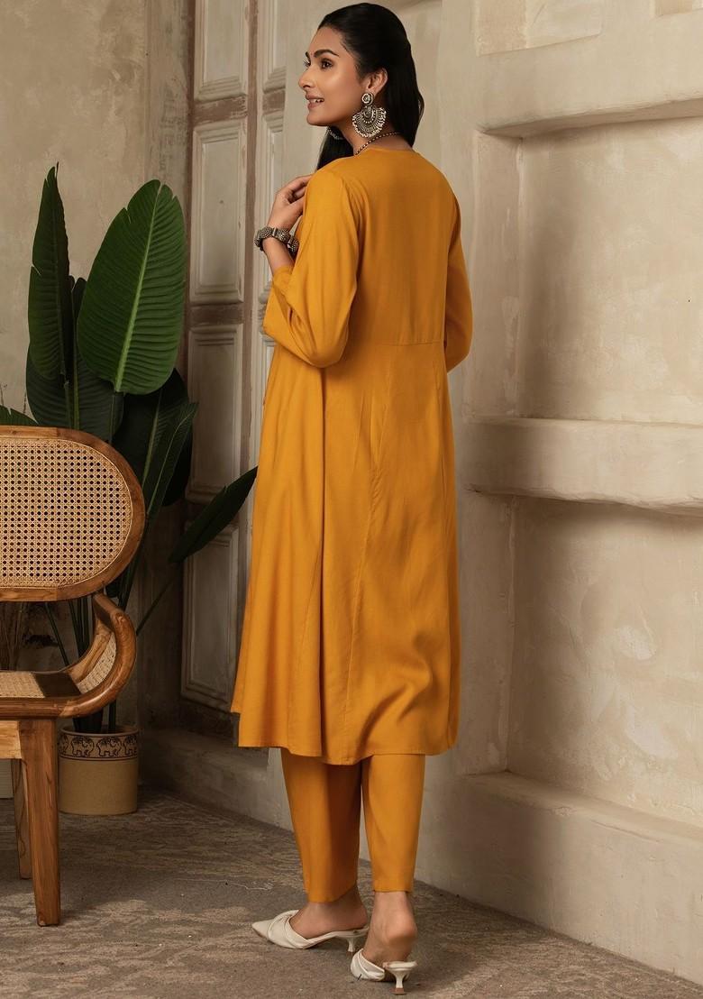 Mustard Solid Blended Kurta Set - Indya