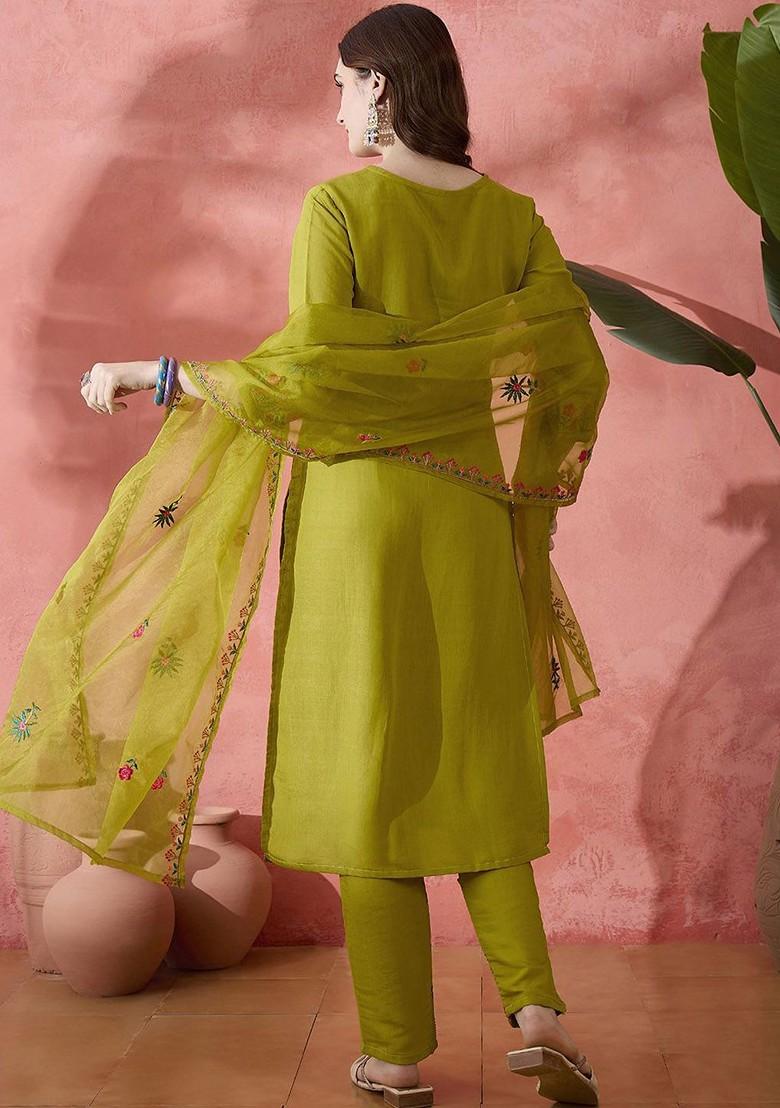 Lime Green Embroidered Blended Kurta Set - Indya