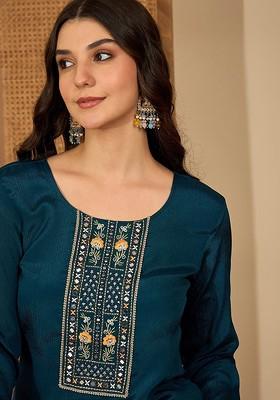 Teal Embroidered Blended Kurta Set
