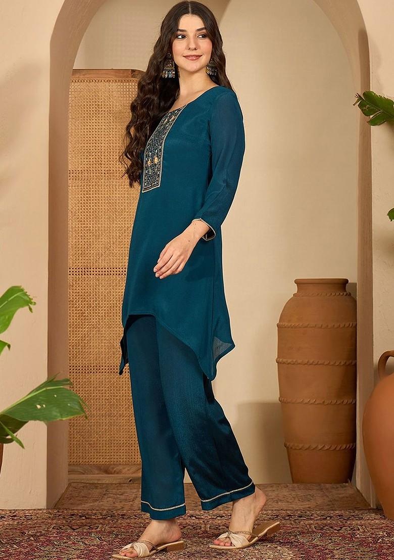 Teal Embroidered Blended Kurta Set - Indya